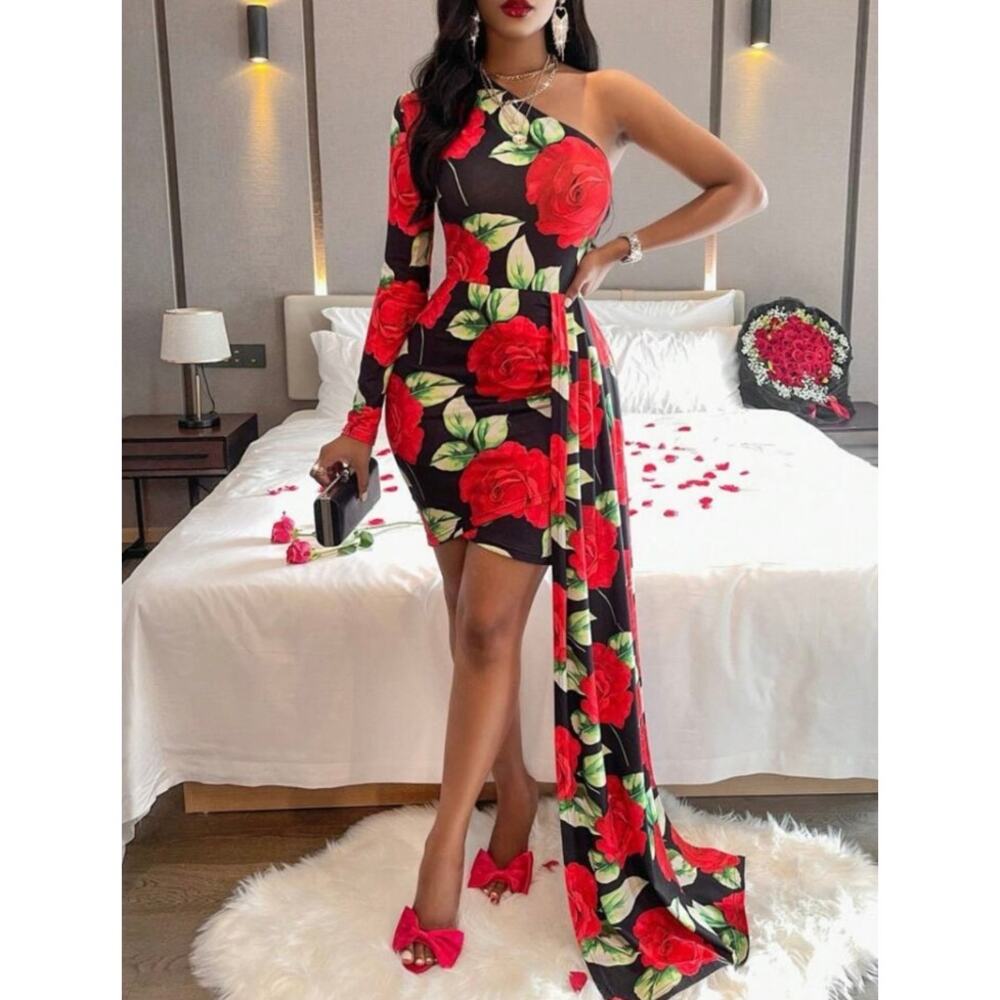 NWOT Chicme roses dress one shoulder L